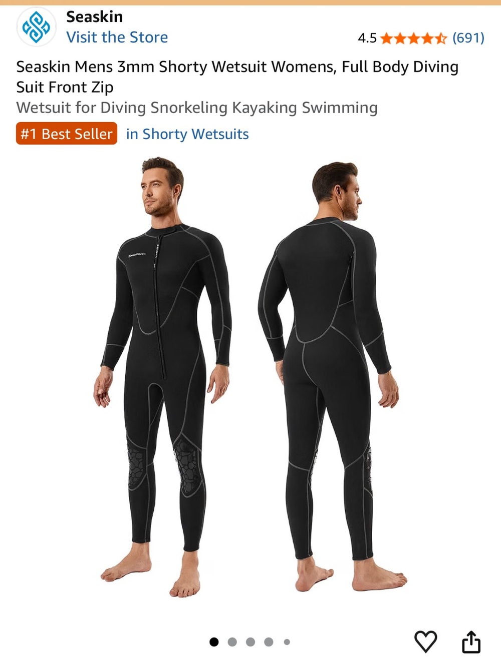 Men's Black Front-Zip Swim Rash Guard Full-Body Wetsuit